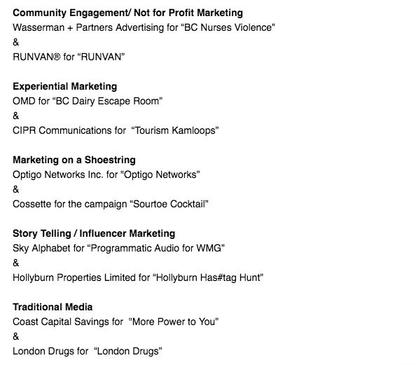 BCAMA Marketing Excellence Award finalists
